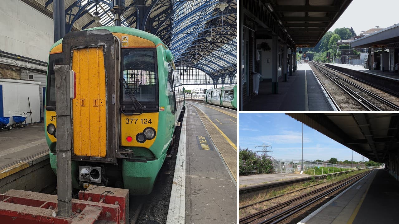 Collage of a Southern train at Brighton station and the platforms at Haywards Heath and Three Bridges
