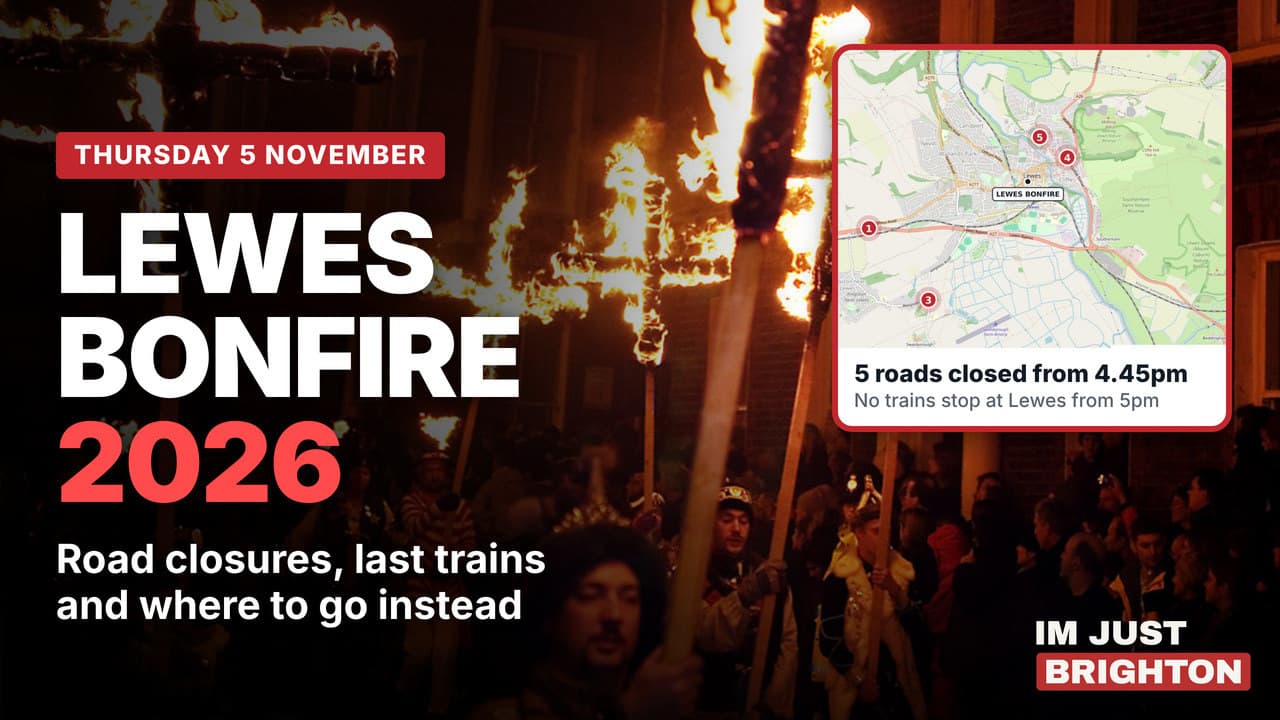 The Martyrs Crosses procession at Lewes Bonfire Night in 2005, with a map of the five road closures on 5 November 2026